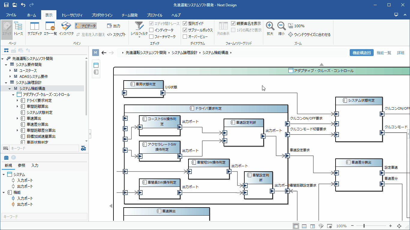 Next Designで同じ設計情報を図・表・文書に切り替えて確認する例